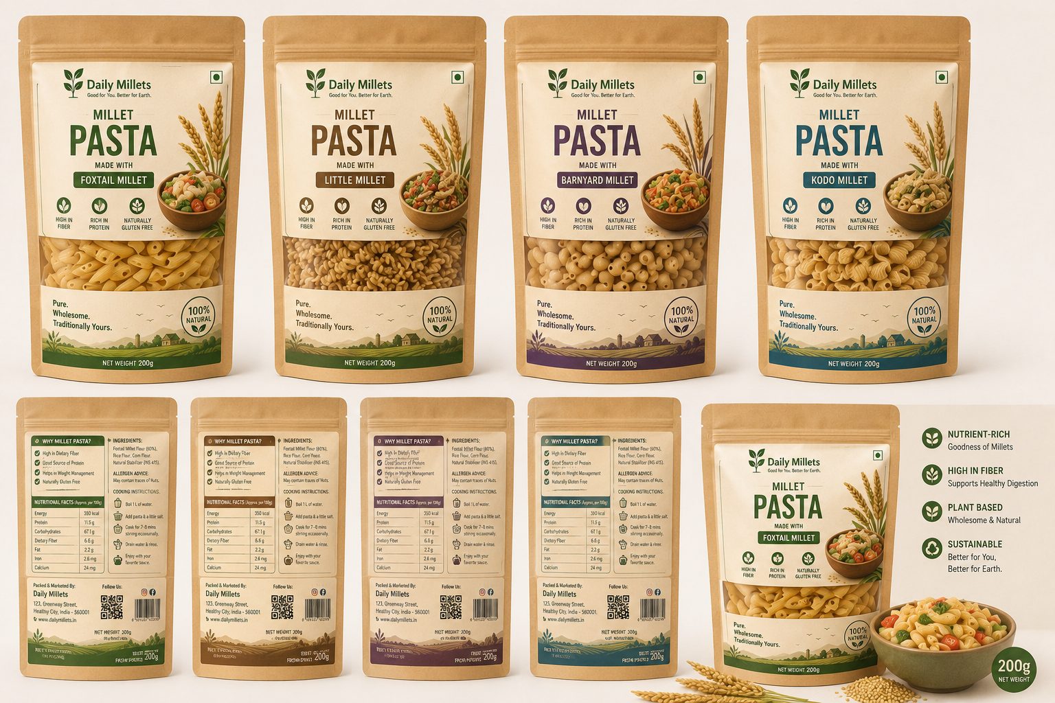 Daily Millets pasta packaging family